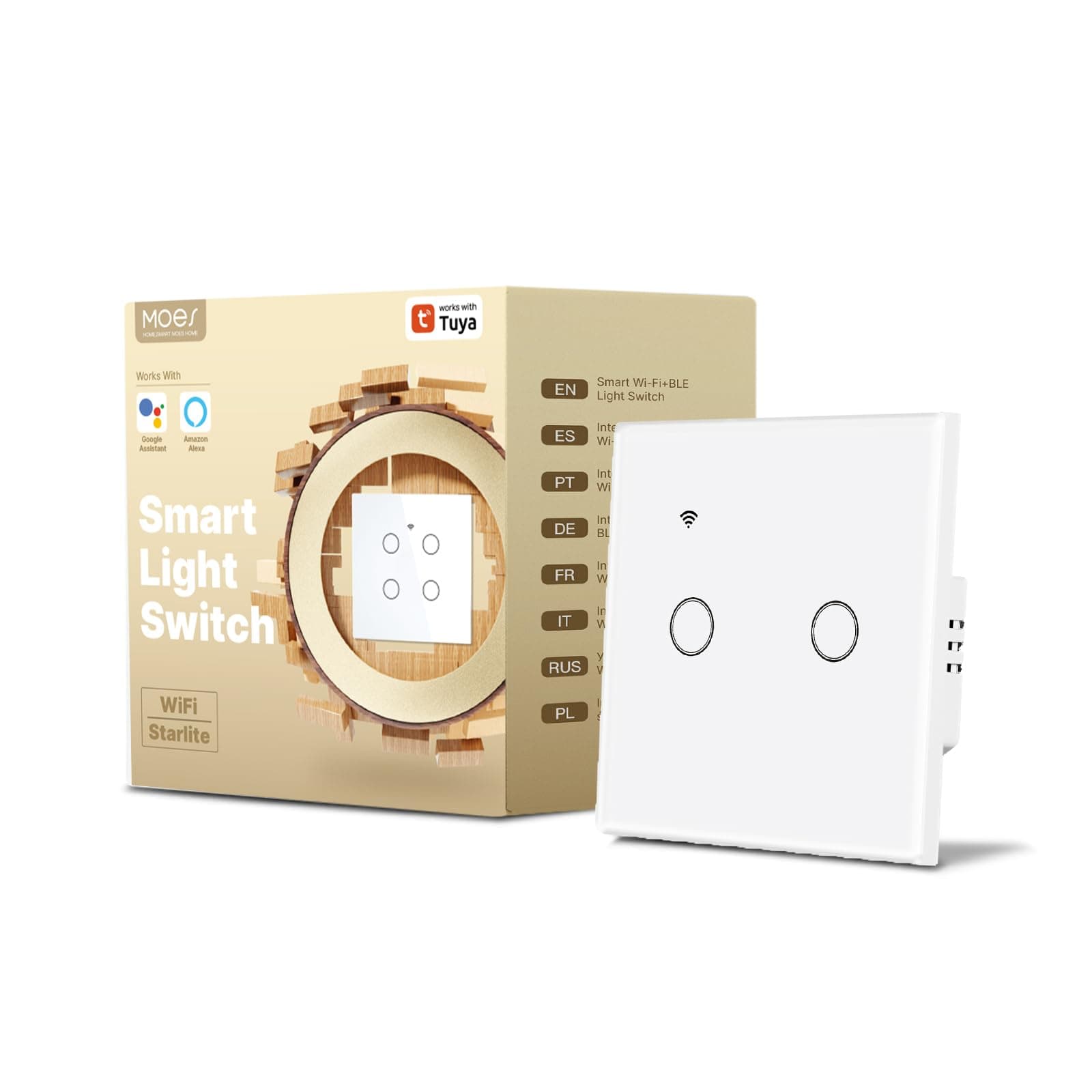 Tuya WiFi Smart Touch Switch - Sleek Glass Panel, Works with Alexa & Google Home, Neutral/No Neutral Wire Installation (Capacitor Included) - 2 Gang