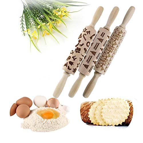 Christmas Rolling Pin Kitchen Tool, Wooden Rolling Pins Engraved Embossing Rolling Pin with Christmas Symbols for Baking Cookies(ABC)