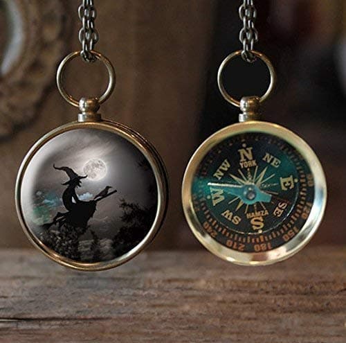 Witch Flying Across sky with full moon Compass Necklace, Great Gift Idea