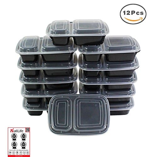 Valilife Meal Prep Bento Food Container [12 Pack] 2 Compartment- Stackable| Reusable| BPA Free| Microwave, Dishwasher/Freezer Safe/Portion Control/Food Storage Containers Live with Valuable (32 oz)