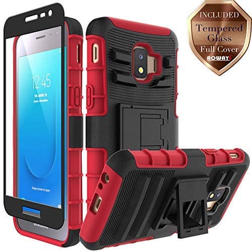 Aoways for Galaxy J2 Core Case, Galaxy J2 2019 Case, Galaxy J2 Dash Case, Galaxy J2 Pure Case, Tempered Glass Screen Protector, Heavy Duty Kickstand Protective Case for Samsung Galaxy J2 Core - Red
