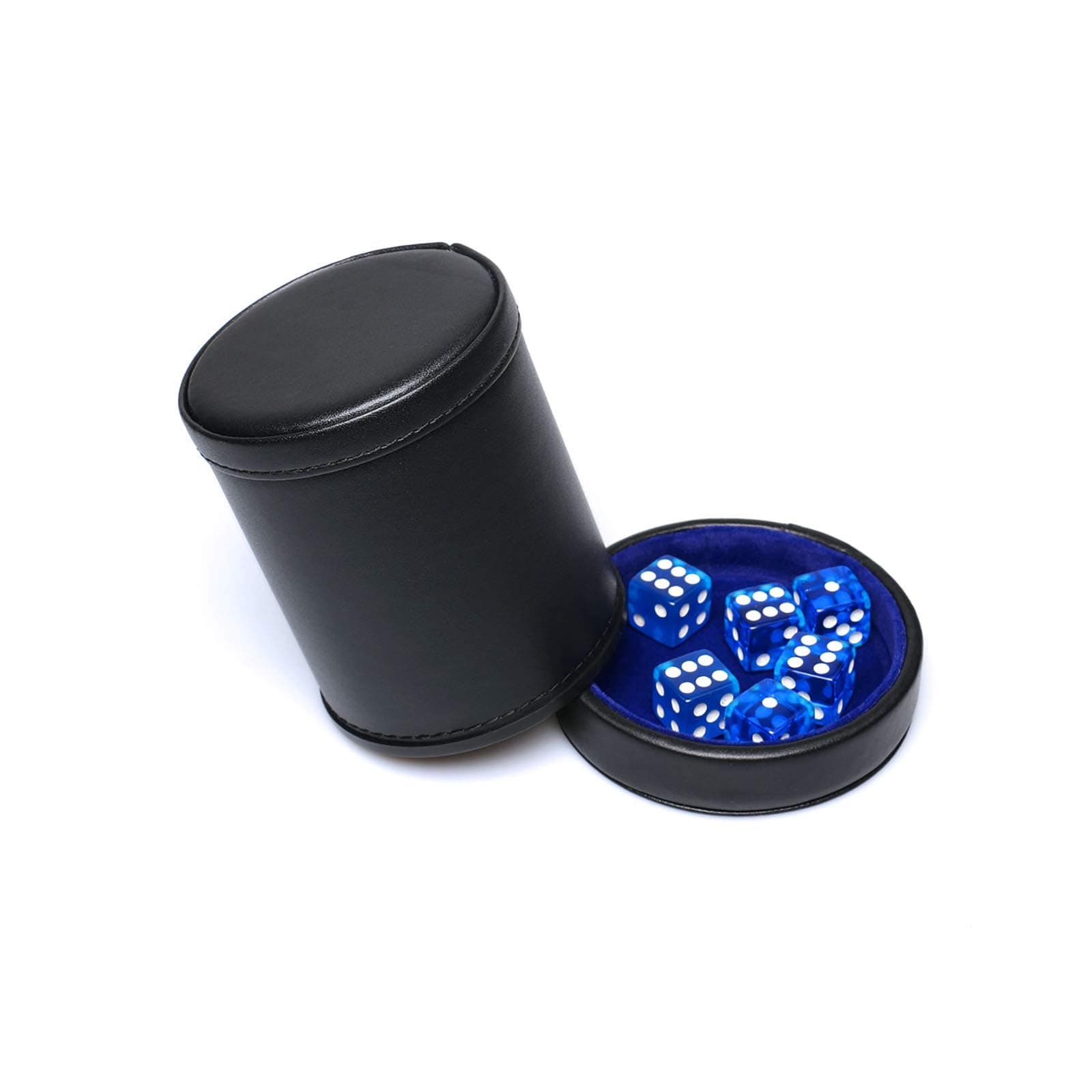 PU Leather Dice Cup with Matching Lid, Including 6 Blue Translucent Dice, Felt Lined Dice Shaker Cup Set for Liars Farkle Yahtzee Board Games