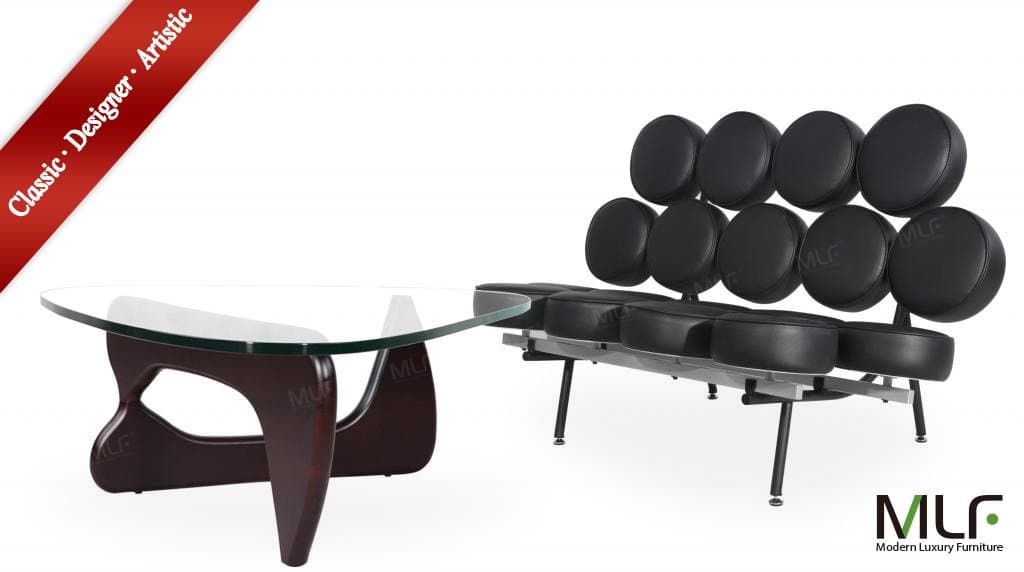 MLF Nelson Marshmallow Sofa + Isamu Noguchi Table (Sofa: Black Italian Leather, Table: Dark Walnut Ash Wood)(35 Combinations)