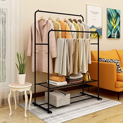 JURMERRY Clothes Garment Rack Double Rail 2 Hanging Rod Installed Commercial Grade Multi-Purpose Portable Entryway Shelving,Black