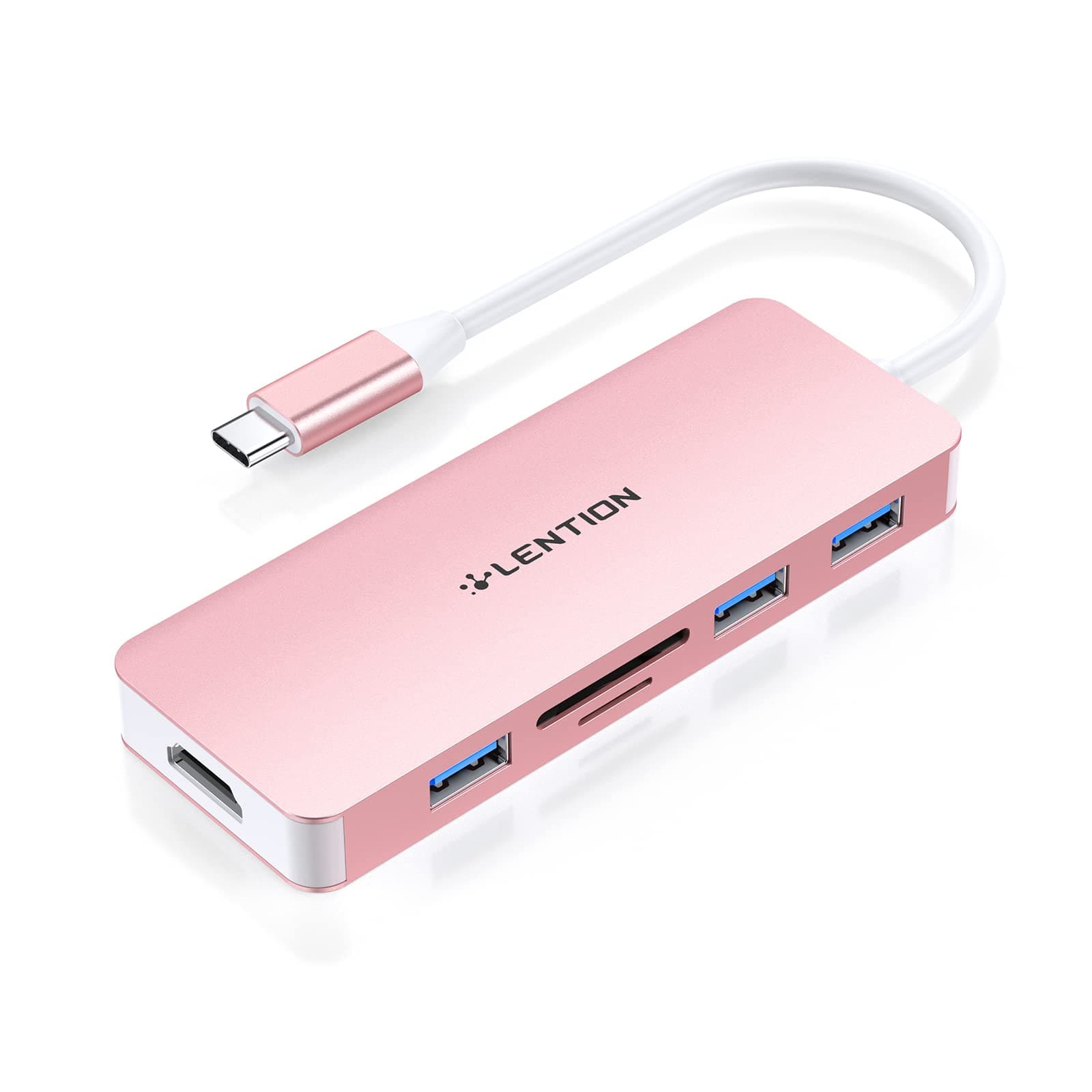 LENTION USB C Hub with 4K HDMI, 3 USB 3.0, SD/Micro SD Card Reader Compatible 2025-2016 MacBook Pro, New Mac Air/Surface, Stable Driver Certified Multi-Port Adapter (CB-C18, Rose Gold)