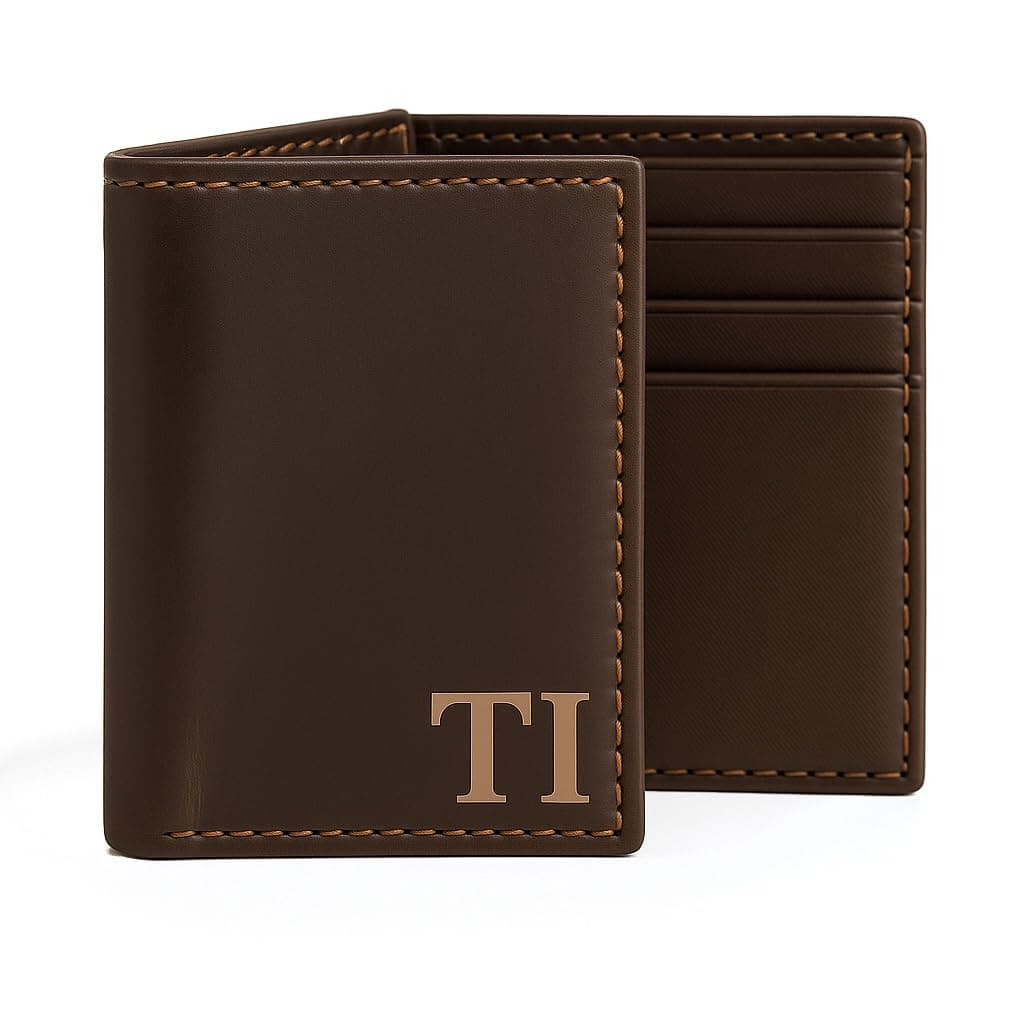 Black Mens Genuine Leather Monogrammed Tri-Fold Wallet with Custom Personalization Brown