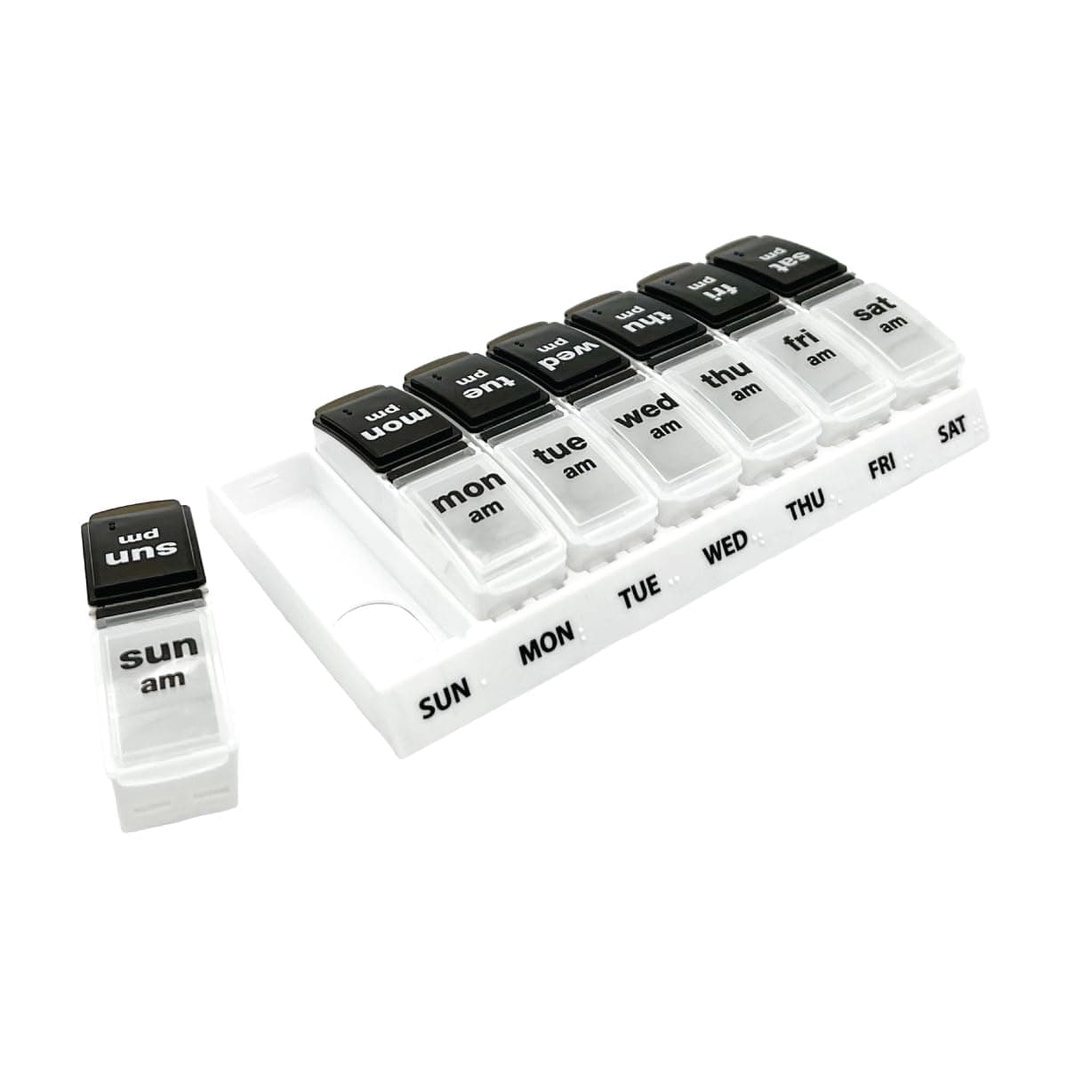 EZY DOSE Weekly (7-Day) AM/PM Pill Organizer, Vitamin and Medicine Box, Large Pop-Out Compartments, 2 Times a Day, Black and Natural Lids