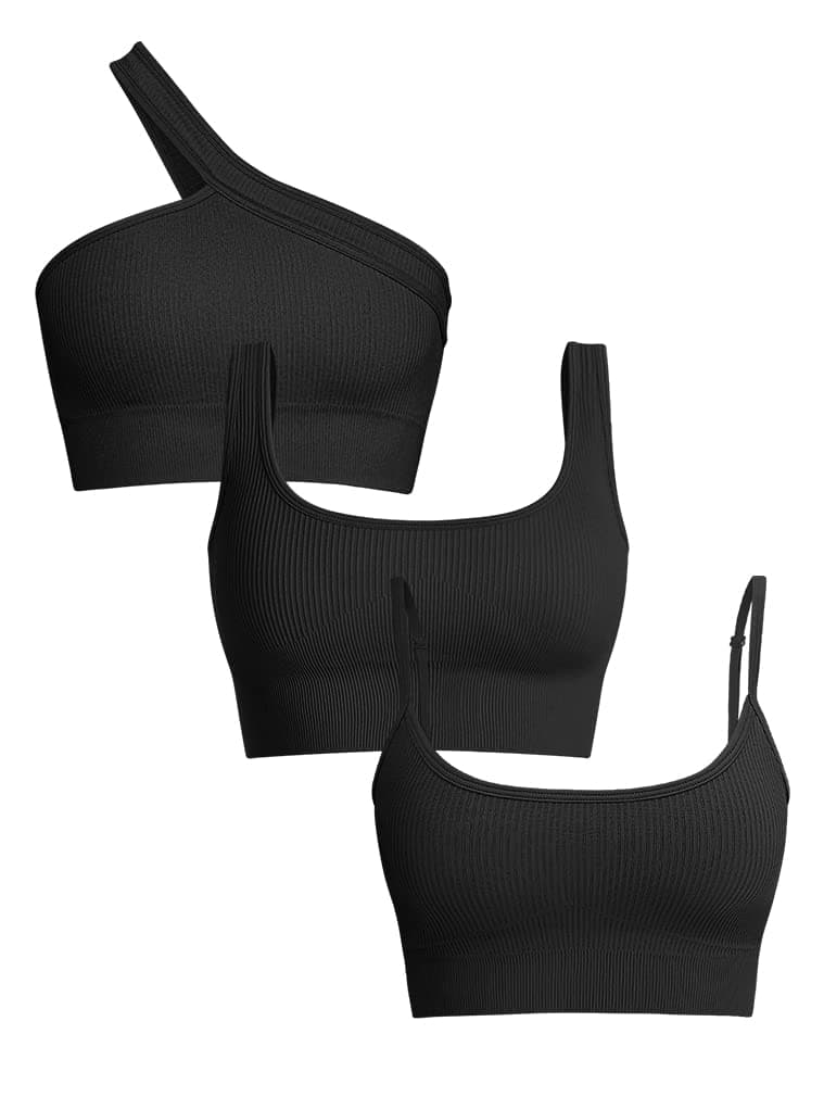 OQQWomen's 3 Piece Medium Support Tank Top Ribbed Exercise Seamless Scoop Neck Sports Bra One Shoulder Tops Crop Tops
