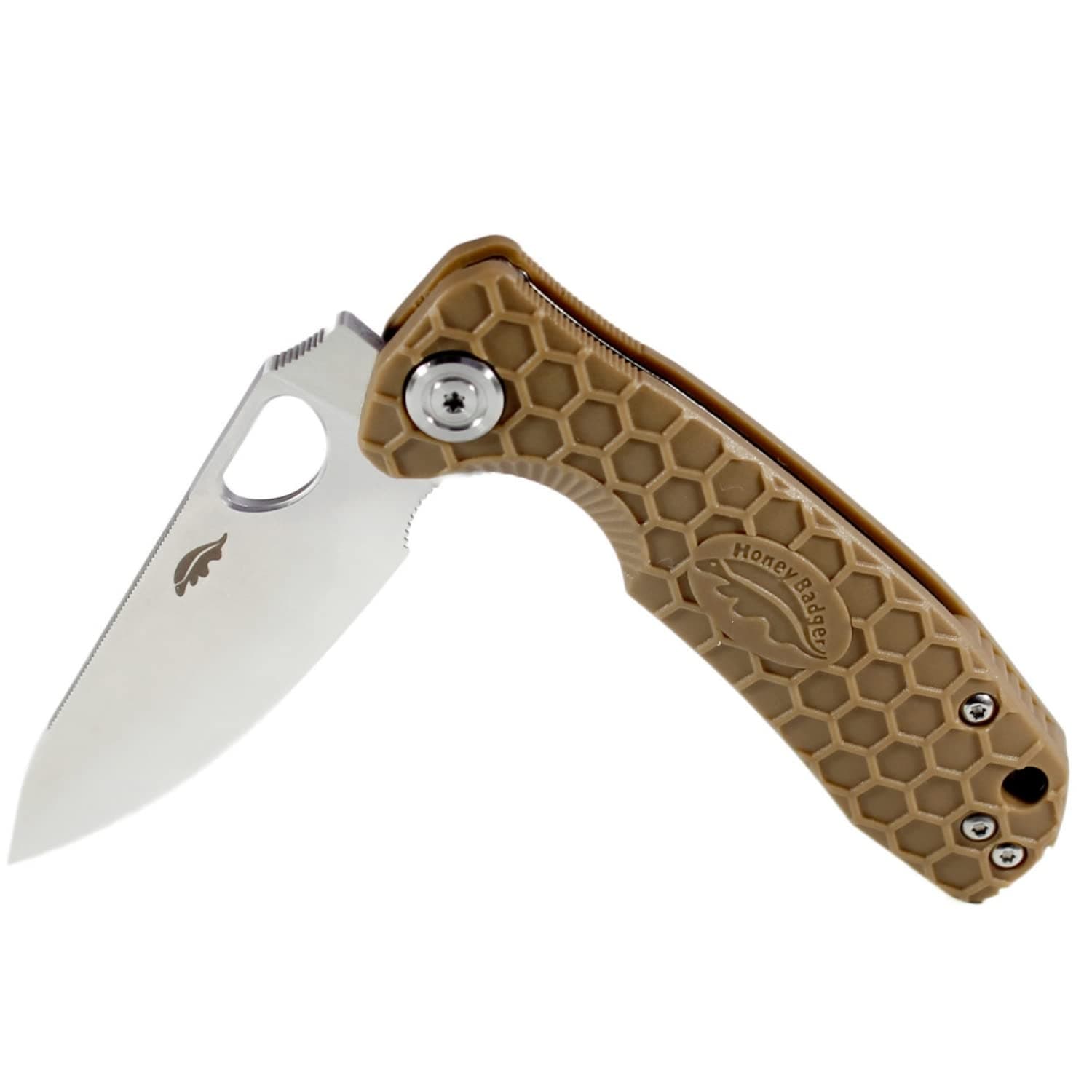 Honey Badger Knives Medium Folding Pocket Knife - 3.19" Blade, Tan FRN Handle - Ball Bearing Flipper, Thumb Hole, Reversible Deep-Carry Clip