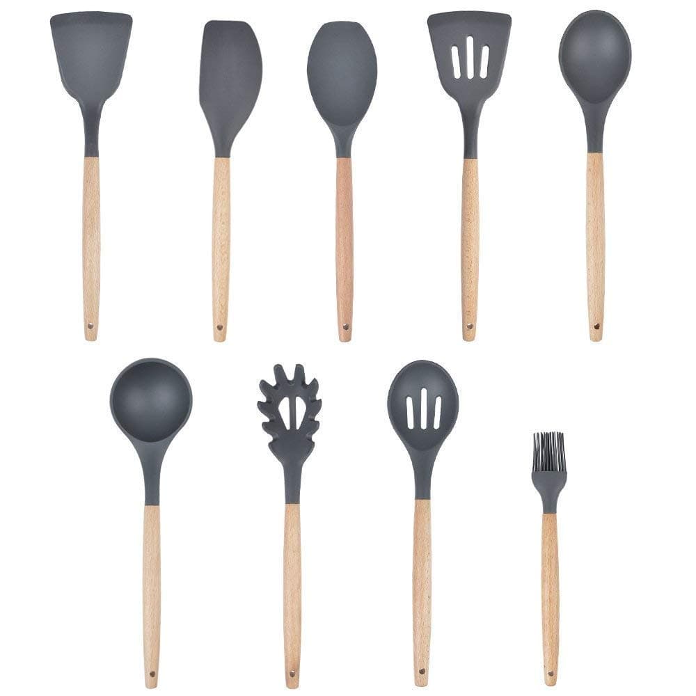 9 Piece Silicone Cooking Utensil Set Kitchen Tools with Natural Acacia Hard Wood Handle for Nonstick Cookware, Eco-Friendly, BPA Free