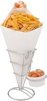 Conetek 10-Inch Eco-Friendly White Finger Food Cones with Built-in Condiment Dipping Pocket: Perfect for Appetizers – Food-Safe Paper Cone – Disposable and Recyclable – 100-CT