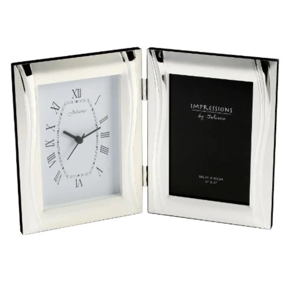 Satin Silverplated Photo Frame & Clock - Shiny Wavy Design
