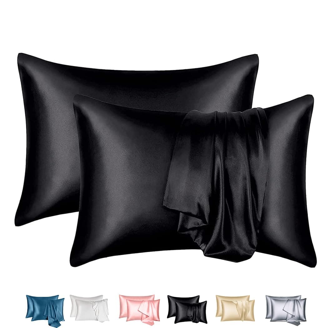 Qniceone Satin Pillowcase Set [ 2 Pack] Queen Size Pillowcases (20x30 inches) Standart Pillow Cover in Black, Soft Anti Wrinkle Pillow Case and Stain Resistant Envelope Closure Pillow Cover- Black