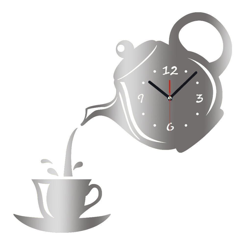 DIY 3D Wall Clock Acrylic Coffee Cup Teapot Shape Decorative Kitchen Wall Clocks Living Room Dining Room Home Decor Clock Stickers Removable, Silver