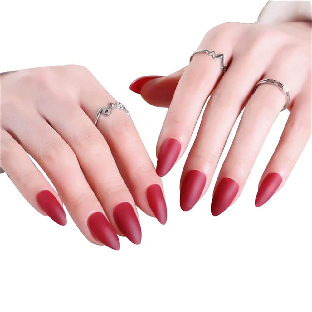24 Sheet Red Press on Nails Medium Almond, Handmade Jelly Soft Gel Red Glue on Nails, Burgundy Fake Nails Stiletto Acrylic False Nails Stick on Nails Sets Kit for Women