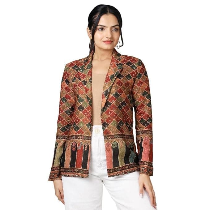 FAB CURATE with tagline CURATE YOUR OWN FABRICFabcurate Ethnic Jacket for Women Brown | Notched Collar with Full Sleeves Pashmina Jacket for Ladies | Fashionable Casual Wear