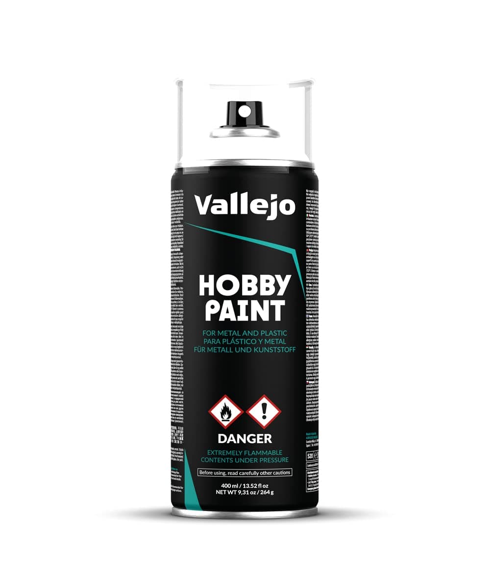 Vallejo Hobby Paint Spray, White 400 ml, Primer for Modeling and Miniatures, Matte Finish, Self-Leveling, Aerosol with 2 Nozzles
