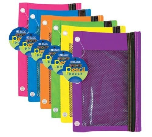 Bazic 3-Ring Pencil Pouch with Mesh Window, Color: Bright (2-Pack)