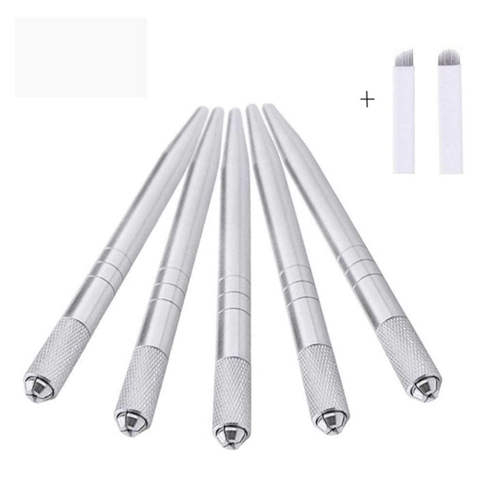 Microblading Pen - Tazay 5PCS Silver Manual Microblading Pen Tattoo Eyebrow Pen With 10Pcs Microblading Needles, Permanent Makeup Pen for Manual Eyebrow Tattoo Permanent Makeup Tattoo Supply