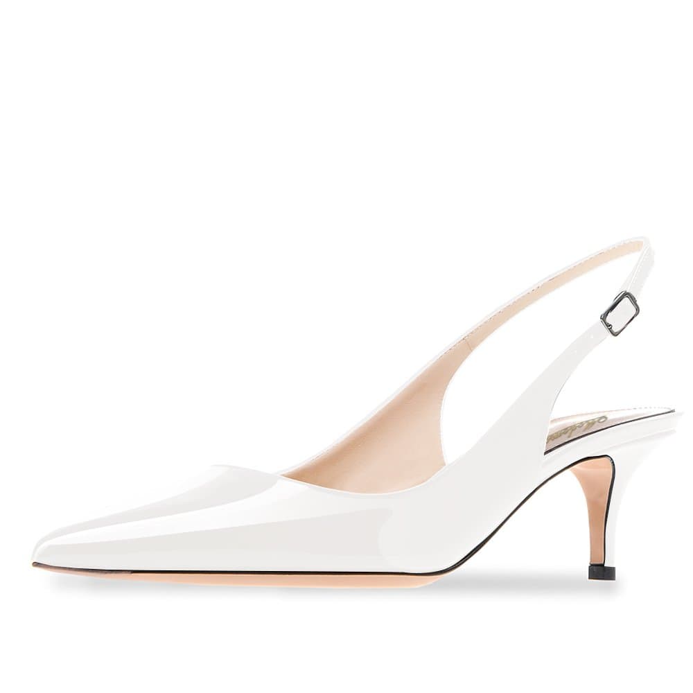 Modemoven Women's White Patent Leather Pointed Toe Slingback Ankle Strap Kitten Heels Pumps Evening Stiletto Shoes - 5 M US