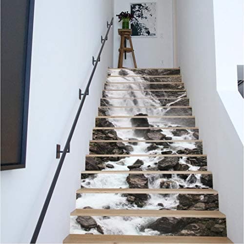 MISSSIXTY 13pcs 7.08" H x39.37 W Creative Decorative 3D Waterfall Mountain Self-Adhesive Stair Riser Decal - Stair Stickers Decals Wallpaper for Walls Kitchen Bathroom Stair Decals Home Decorations