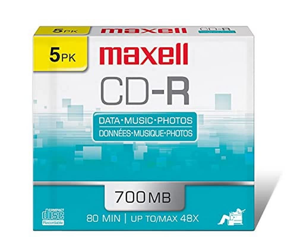 Maxell – 648205, Polycarbonate Substrate CD-R Disc - High-Quality Media for Data Storage, Music & Archiving - 700MB/80 Min Capacity with 48X Write Speed - 5 Pack with Jewel Cases