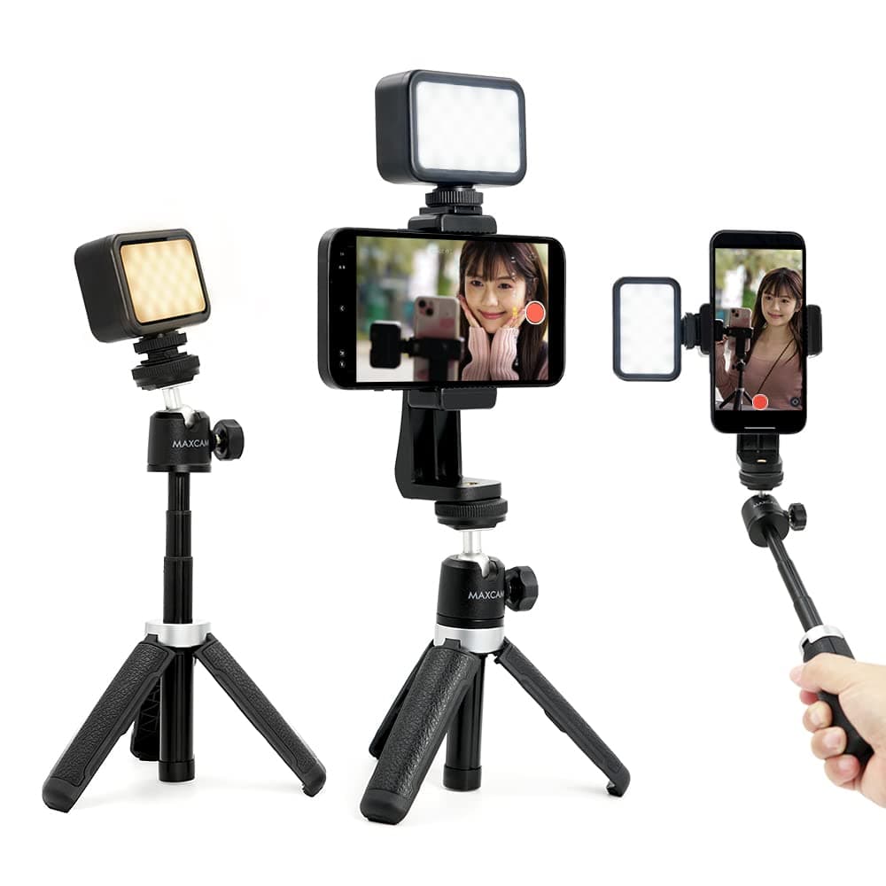 MAXCAM Bi-Color LED Video Light on Camera Accessories Kit Bundle Includes LED Fill Light + Phone Clip + Tripod, Lighting Duration 2 Hours, Dimmable 3200K-6700K and Brightness 1080 lumens