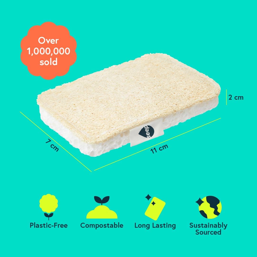SEEP Eco Sponges Washing Up - 4 x Pack Multipack Compostable Kitchen Sponge - Cleaning Sponges Made Using Loofah - Sponge Scourer