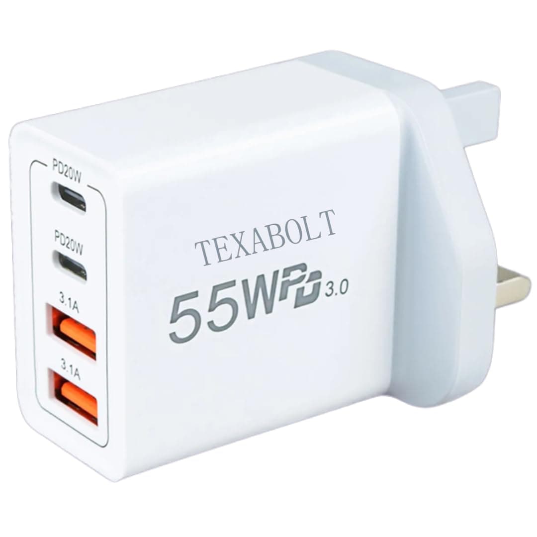 Charger Adapter Type C - PD55W - 4 Ports Adapter - [ 2 USB C & 2 USB A ] – PD20W for Each USB C Port - Over Heat Protection - USB C Plug for iPhone 16 15 14 13 Pro Max XR iPad & for Galaxy S23 S22 S10