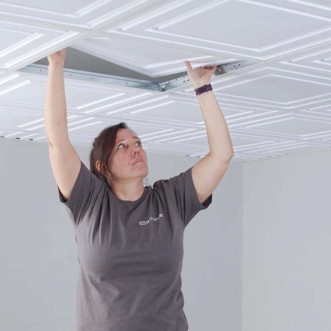 Ceilume 12 pc Stratford Ultra-Thin Feather-Light 2x2 Lay-In Ceiling Tiles - White Vinyl, 0.013" Thick, 2 ft x 2 ft, 12 Count, Square Edge, Contemporary Style, Not Water Resistant