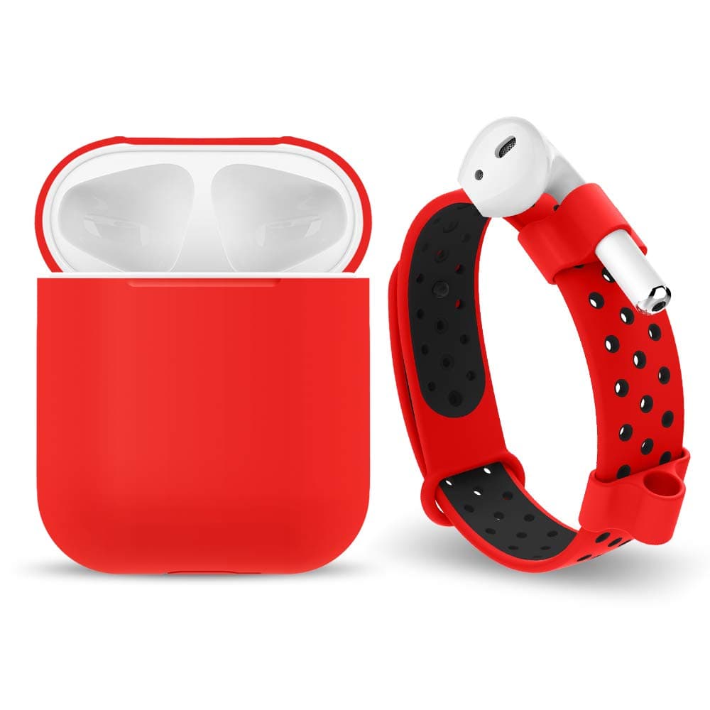 Darangs Compatible for AirPods Protective Case, Adjustable Silicone Watch Band + Anti-Lost AirPods Holder Compatible Apple AirPods Earphone, Red