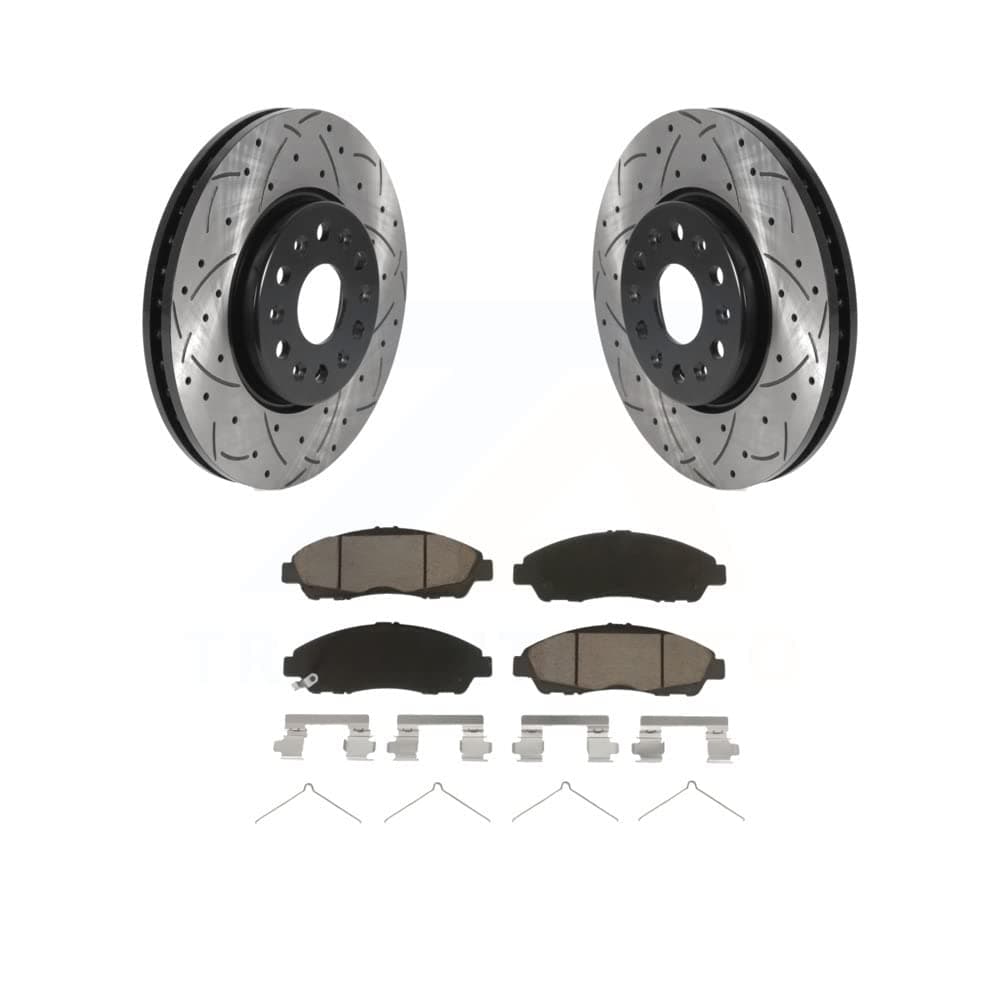 Transit Auto - Front Coated Drilled Slotted Disc Brake Rotors And Ceramic Pads Kit For Chevrolet Traverse GMC Acadia Buick Enclave Blazer KDC-100285