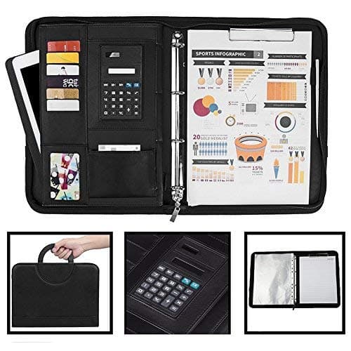 YZCX A4 Zipped Conference Folder Business Leather Document Case Bag Portfolio with Ring Binder, Calculator, 10 File Pockets, Notepad for Home Office Business Conferences and Travelling
