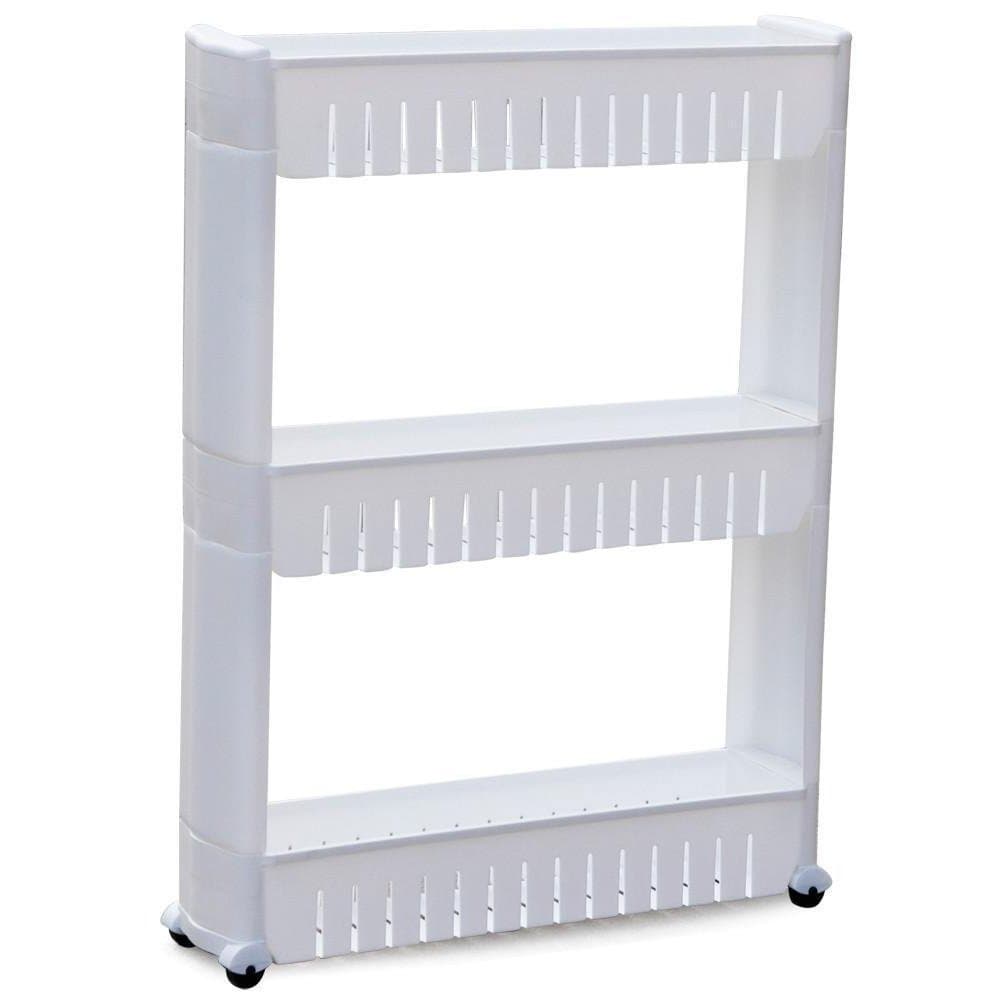 3 Tier White Slim Slide Out Storage Cart Tower Folding Rolling Pull Wheels Castor Kitchen Livingroom Laundry Bathroom Trolley Spice Rack for Narrow Spaces 28.3 x 21.7 x 5.1"
