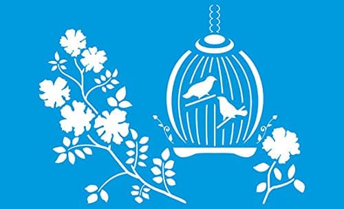 13.5" x 8.3" (34cm x 21cm) Reusable Flexible Plastic Stencil for Graphical Design Airbrush Decorating Wall Furniture Fabric Decorations Drawing Drafting Template - Birds Cage Canary Tree Flowers