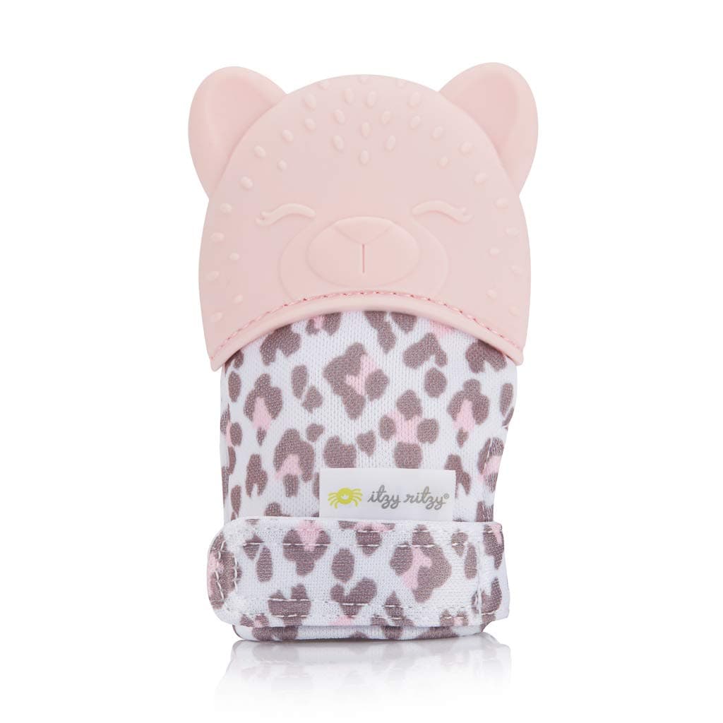 Itzy Ritzy Silicone Teething Mitt - Soothing Infant Teething Mitten with Adjustable Strap, Crinkle Sound & Textured Silicone to Soothe Sore & Swollen Gums - for Ages 3 Months & Up (Blush Leopard)
