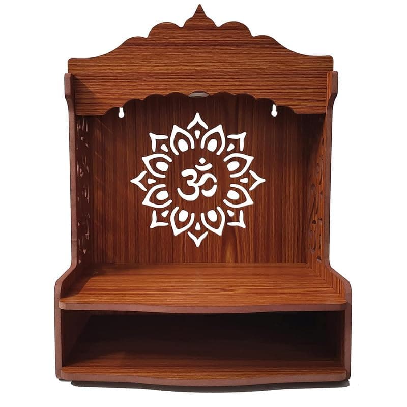ZUPER Wood Hand Crafted Om Carved Pattern with LED Spot Light Home Temple I Pooja Temple for Office I Puja Ghar I Ideal for Worship Hanging Stand for Puja (Brown-5) (Pack of 1)