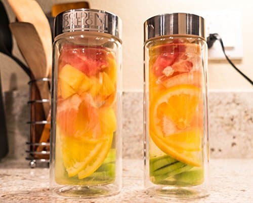 GD Basic Series: 12oz Double Wall Glass Tumbler/Mug with Removable Stainless Strainer and Spill-proof Silver Color Mirror Cap BPA free Perfect for Iced Tea, Icy Cold Drink or Hot Tea and Coffee by GoldenDeHon