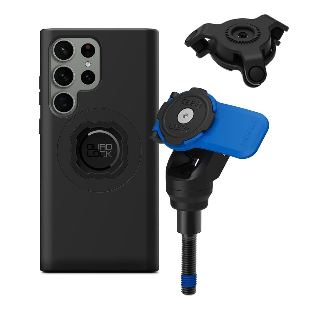 Quad Lock Motorcycle Handlebar Clamp Bolt Phone Mount Kit with Vibration Dampener and Galaxy S23 Ultra MAG Case