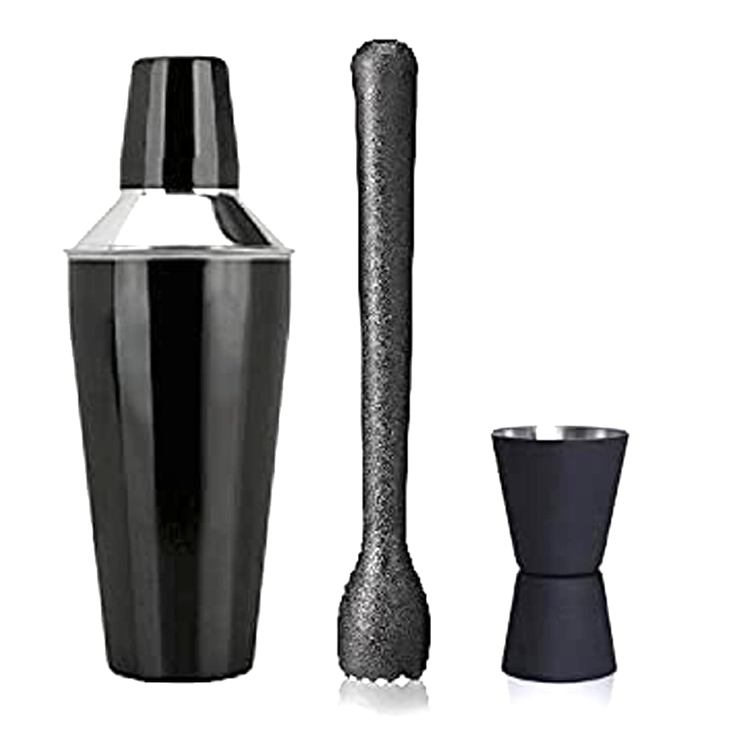 Dynore Stainless Steel 3 Pcs Muddler Bar Set, Black PVC Muddler, Black Peg Measure- 20 and 40 ml, Black Cocktail Shaker- 750 ml