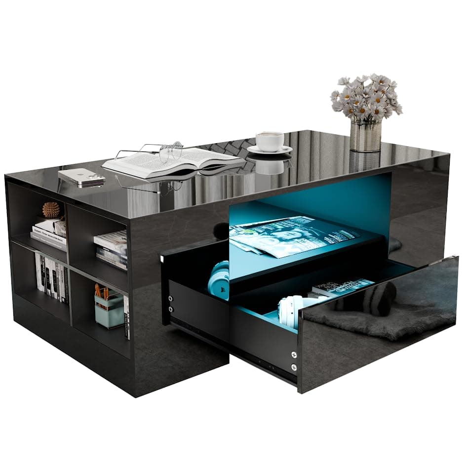 Blisswood Led Coffee Table with 2 Drawer Storage, High Gloss Coffee Table for Living Room Wooden Centre Table with RGB Led Lights Rectangle Tea Table for Living Room Furniture, Black