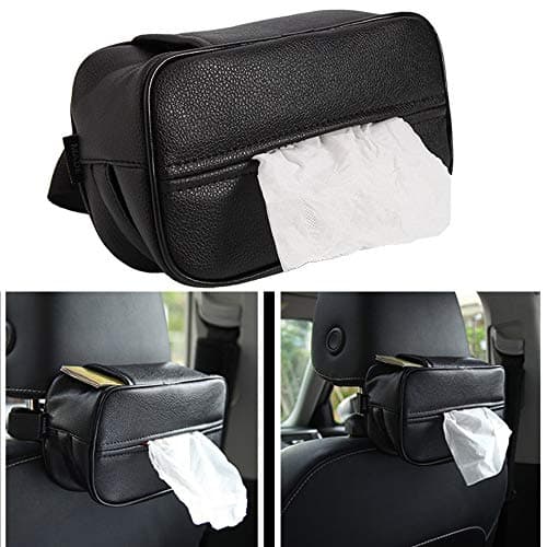 Voroly PU Leather Car Seat Back Tissue Holder Headrest Tissue Box Black Leather Hanging Tissue Holder Case