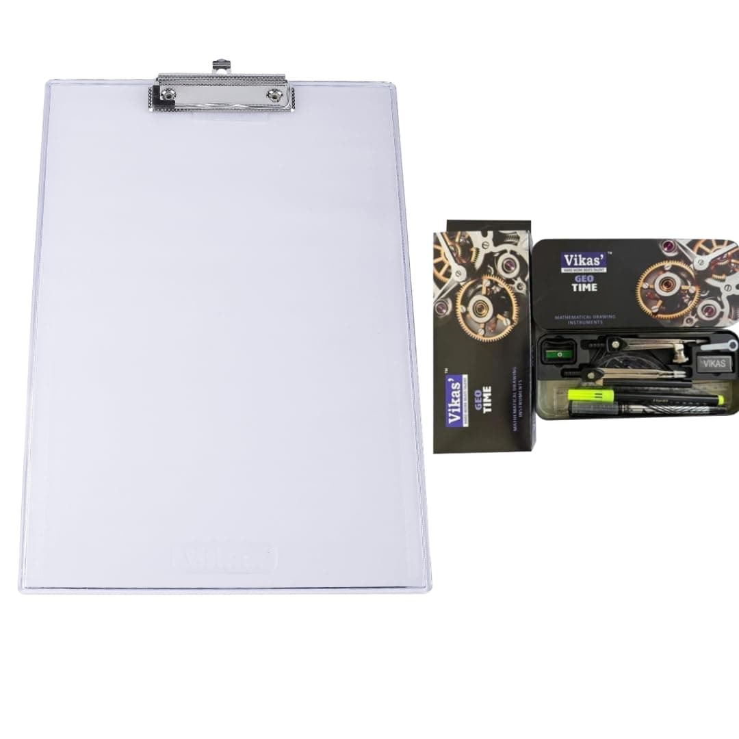 Vikas Geo Time 2026 Edition Geometry Box + Transparent Breakable Exam Board 9.5 x 14 Inch | Unbreakable Writing Pad with Strong Clip | School Exam Pad & Geometry Set Combo for Students