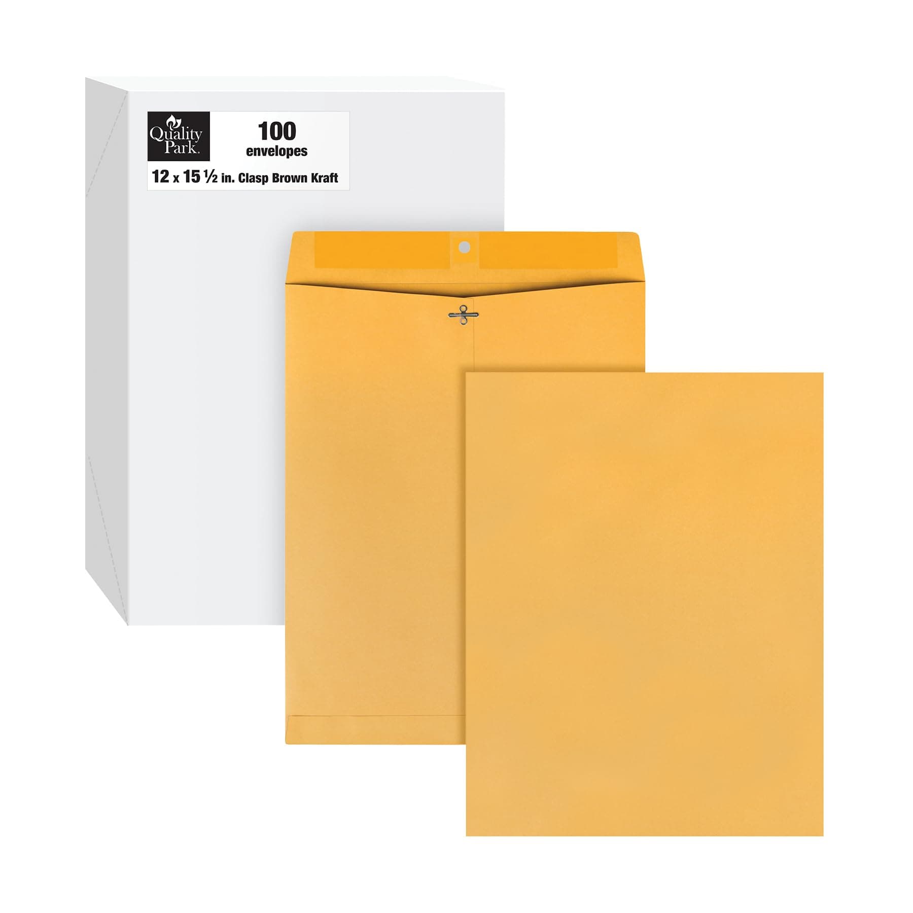 Quality Park 12 x 15-1/2 Clasp Envelopes, Clasp and Gummed Closures, for Oversized Papers, Drawings or Posters, 32 lb Kraft Paper, 100/Box (QUA37810)