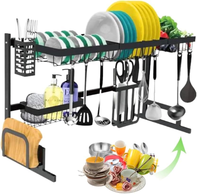 2-Tier Stainless Steel Length Expandable Kitchen Dish Rack - Dish Drying Rack Over Sink - Adjustable (85cm-105cm) - Large Dish Rack Drainer for Kitchen Storage Solution and Organizer - Space Saver