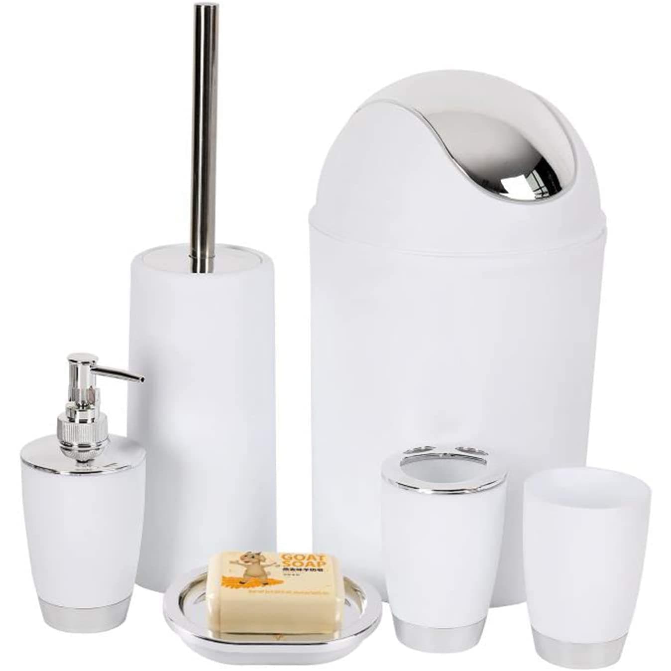 Arabest Bathroom Accessories Set, 6 Piece Plastic Bath Ensemble Bathroom Sets Accessories, Bathroom Decor Sets Accessories for Decorative Countertop and Housewarming Gift (White)