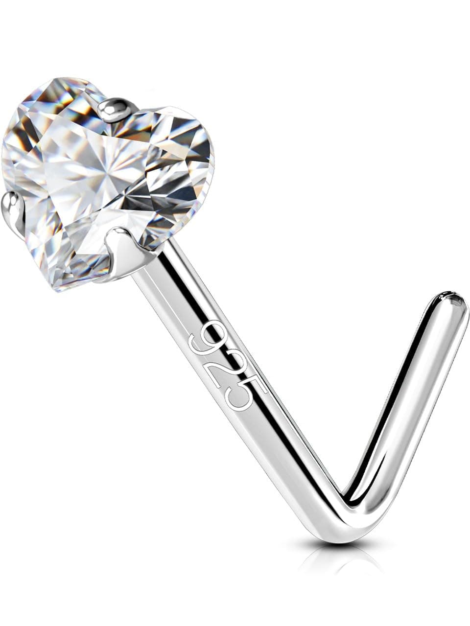 925 Sterling Silver Nose Studs, L Shaped Nose Rings Studs, 20G Nostril Solid 3mm Heart CZ Nose Piercing Jewelry, Nose Studs For Women Men (L - 3mm Heart)