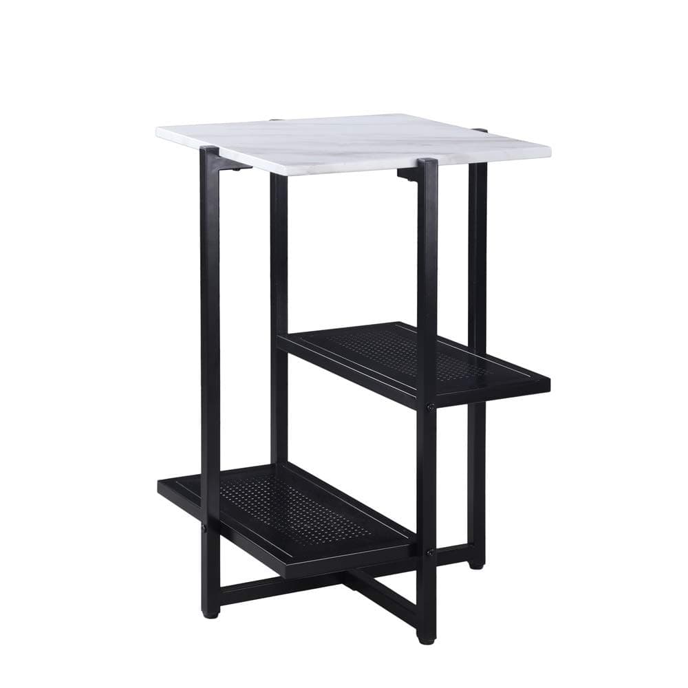 Modern Side End Table for Living Room Tall Plant Table with Storage Square White Marble Top Metal Frame