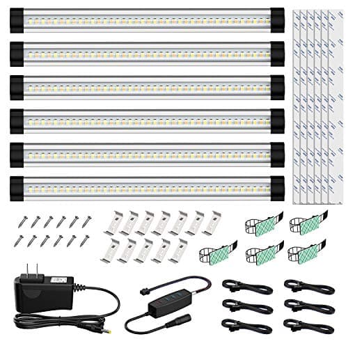 Onforu LED Under Cabinet Lighting Kit, 3 Adjustable Lights Color 2400lm Dimmable Strip Lights, Warm/Daylight/Neutral White Optional Under Counter Light Bar, DC 12V Closet Lights, Set of 6
