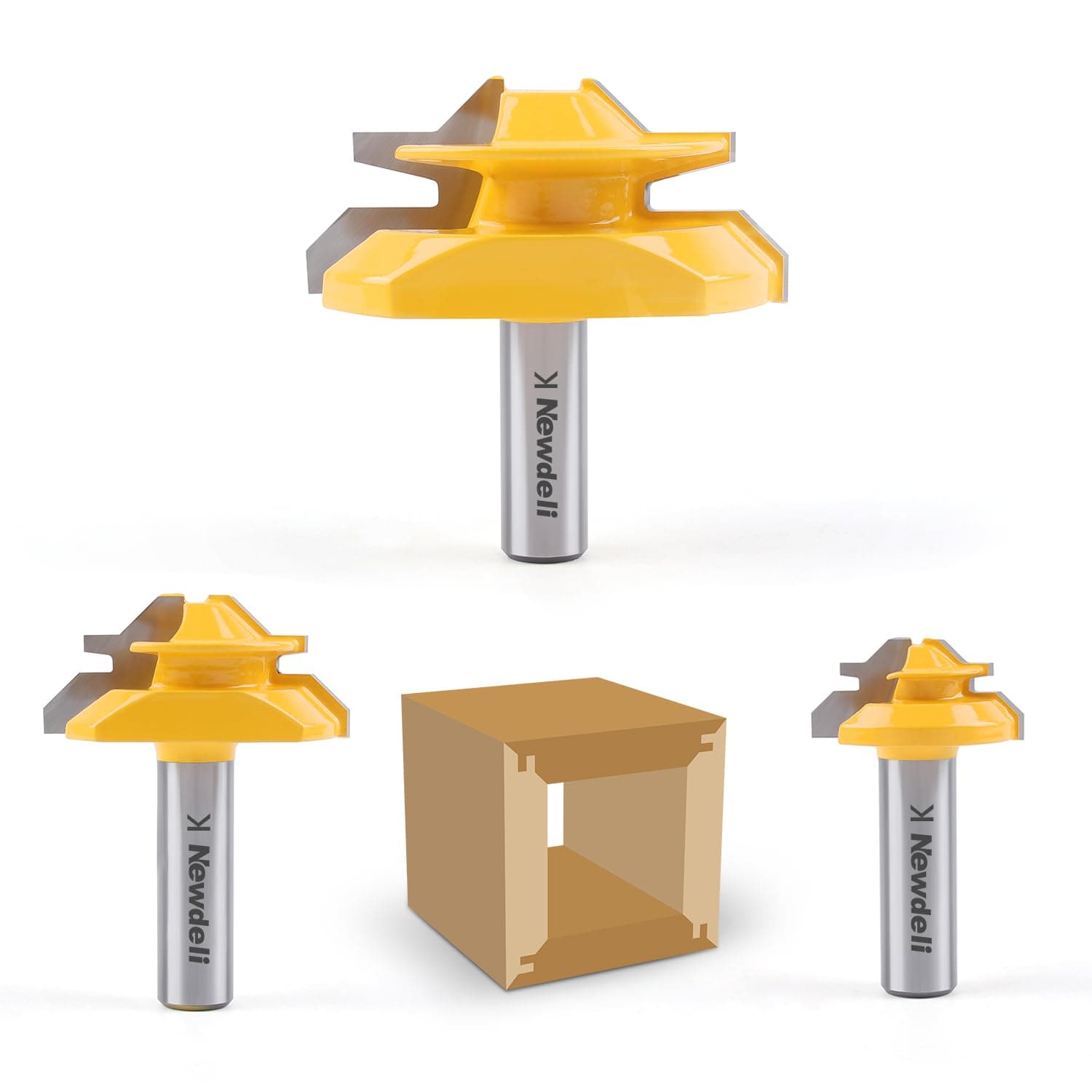 Newdeli 3PCS 45 Degree Lock Miter Router Bit Set 1/2 Inch Shank for 1/2”, 3/4", 1" Cutting Height Joint Router Bits for Creating Lock Miter Joint